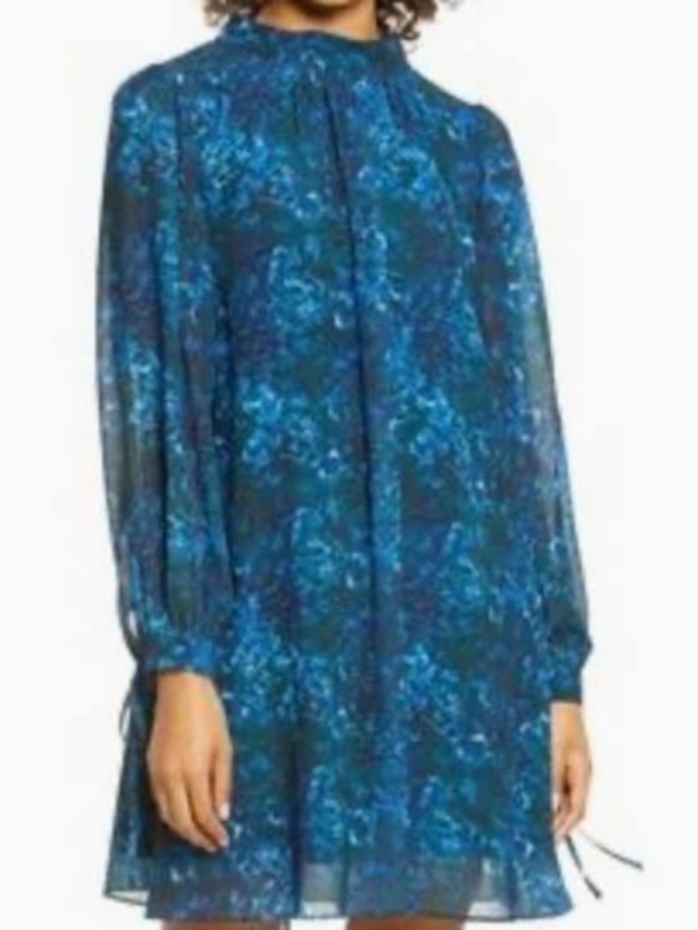 Badgley Mischka Women’s Blue Floral High-Neck Long Sleeve Dress – Size 2